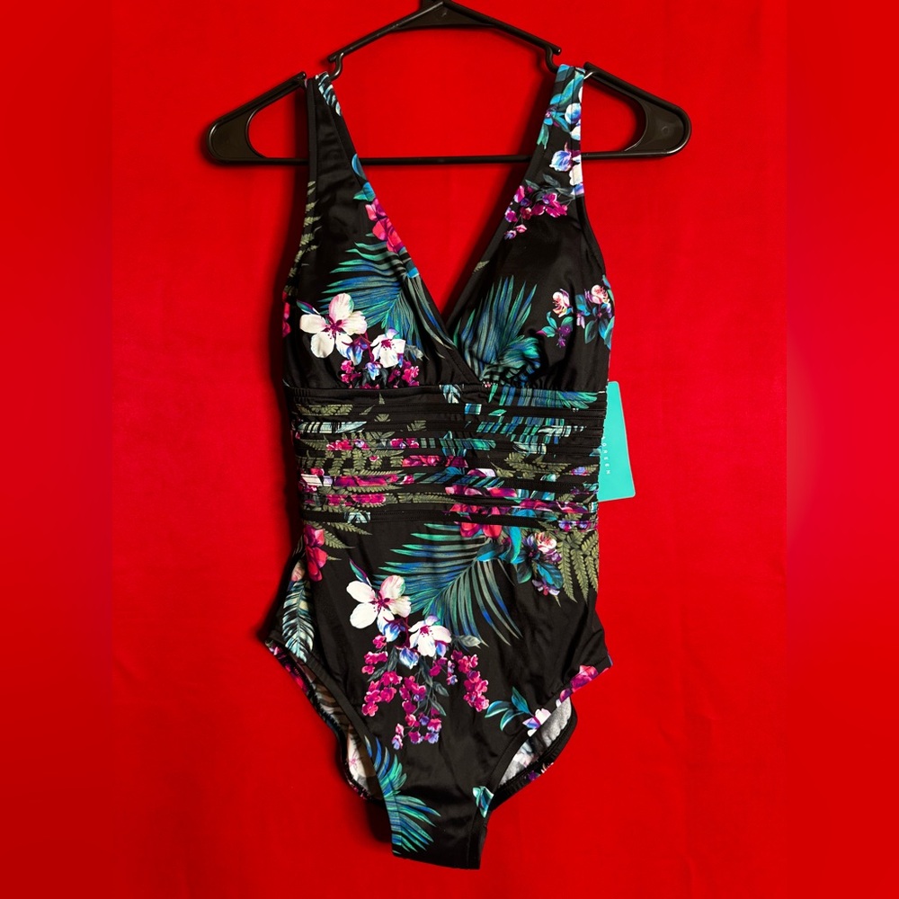 #382-NWT- AQUA Black w/Green Tropical Floral One-Piece Tummy Control Size Small